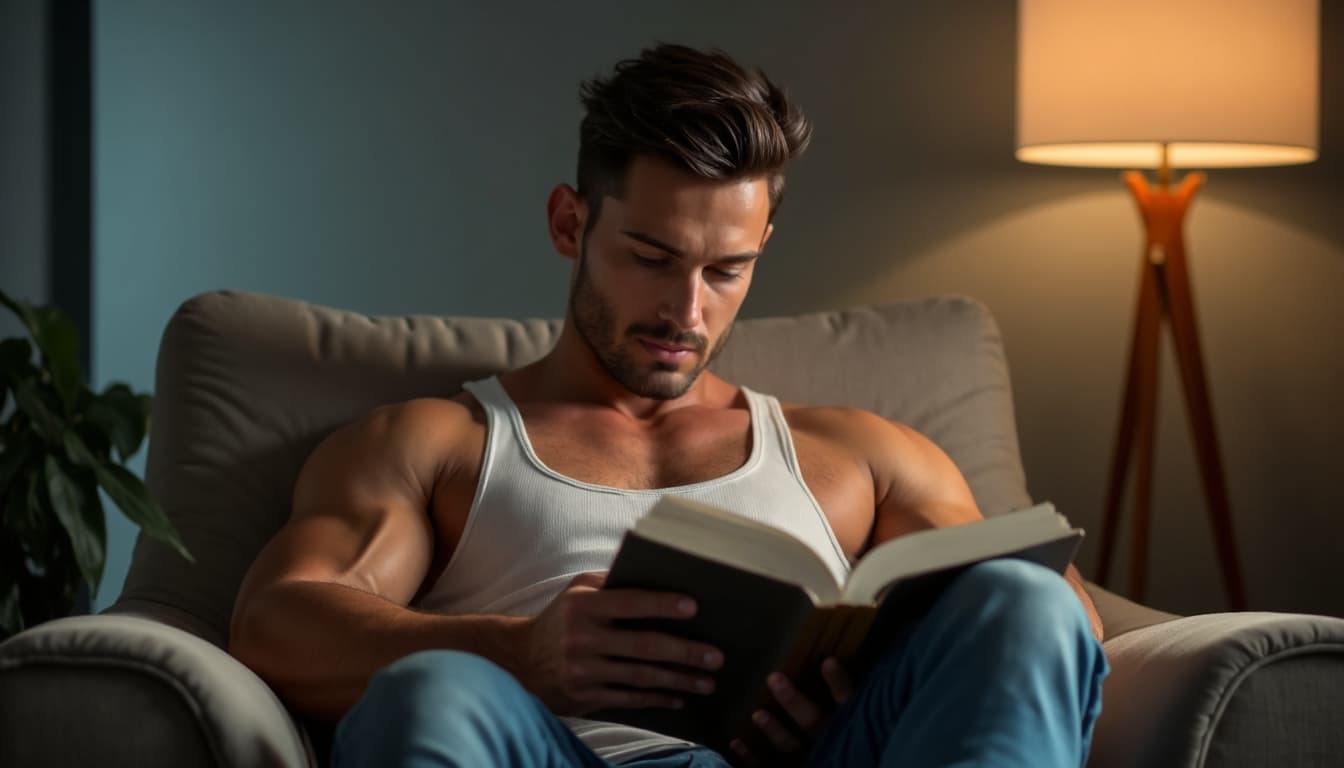 A muscular, attractive, Caucasian male sits in a comfortable chair, deeply engrossed in a book. The lighting is soft and warm, creating a relaxed and inviting atmosphere. The focus is on his calm and focused expression. Camera settings: Lens: 85mm f/1.4, Exposure: ISO 100, Shutter Speed: 1/125 sec, Aperture: f/1.4, Focal Length: 85mm. Lighting: Soft, diffused studio lighting.