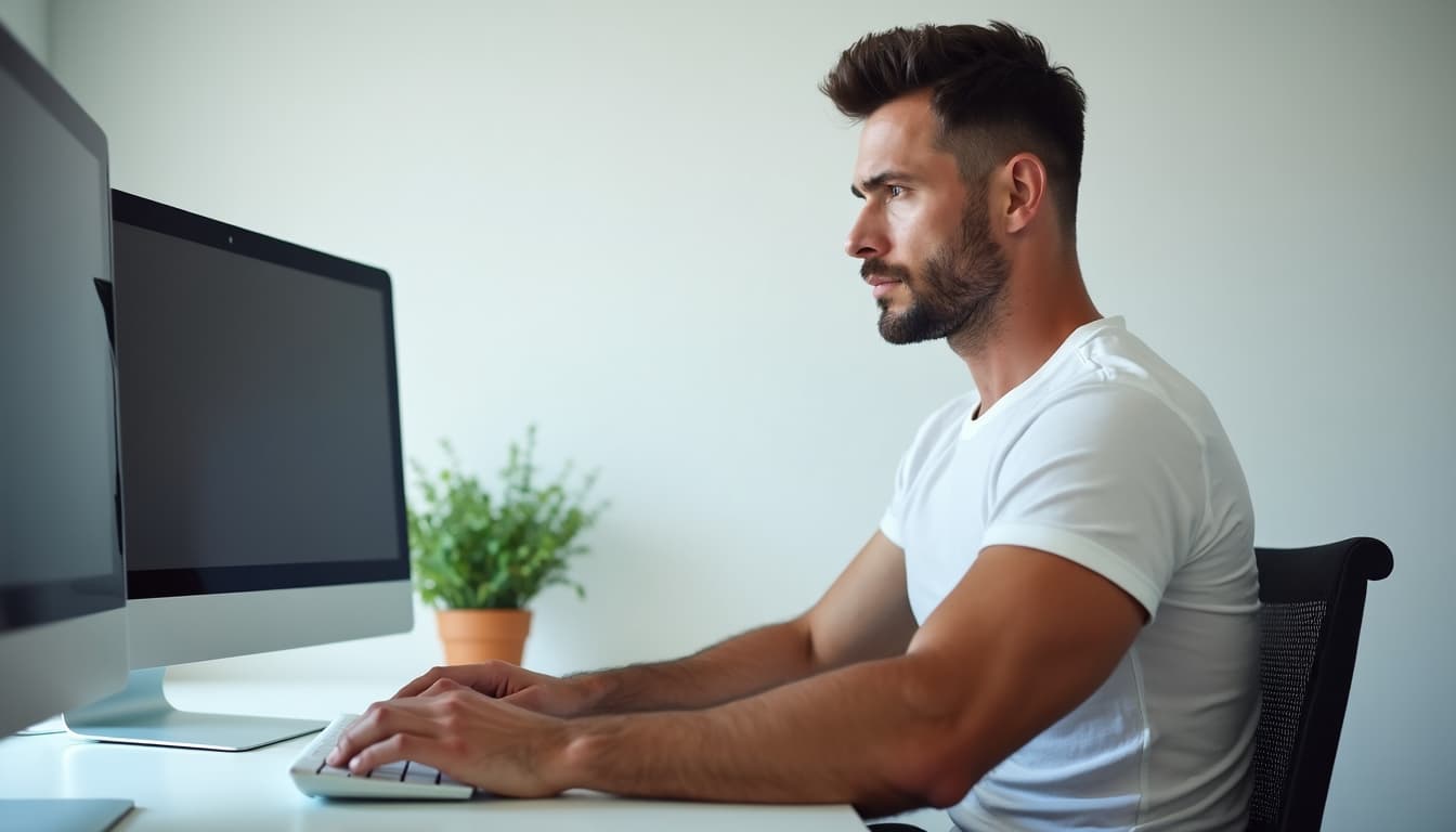 A man confidently working at his computer