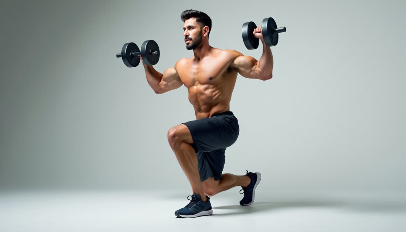 A determined muscular man performing a weighted lunge