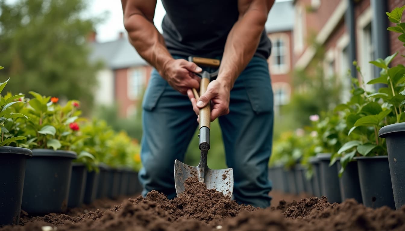 Un homme en forme est montré de la taille vers le haut, avec ses mains tenant une pelle, les muscles tendus alors qu'il creuse dans la terre. L'arrière-plan est légèrement flou montrant les conteneurs de plantation soigneusement disposés. Paramètres de l'appareil photo : Objectif : 85mm f/1.4, Exposition : ISO 200, Vitesse d'obturation : 1/250 sec, Ouverture : f/1.4, Focale : 85mm. Éclairage : Éclairage de studio avec un focus sur ses bras et son torse musclés, améliorant la définition des muscles.