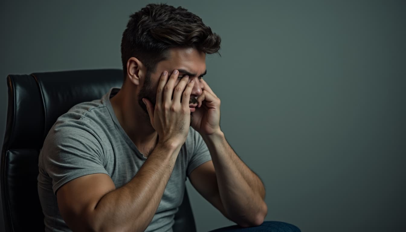 A man sitting pensively, looking fatigued