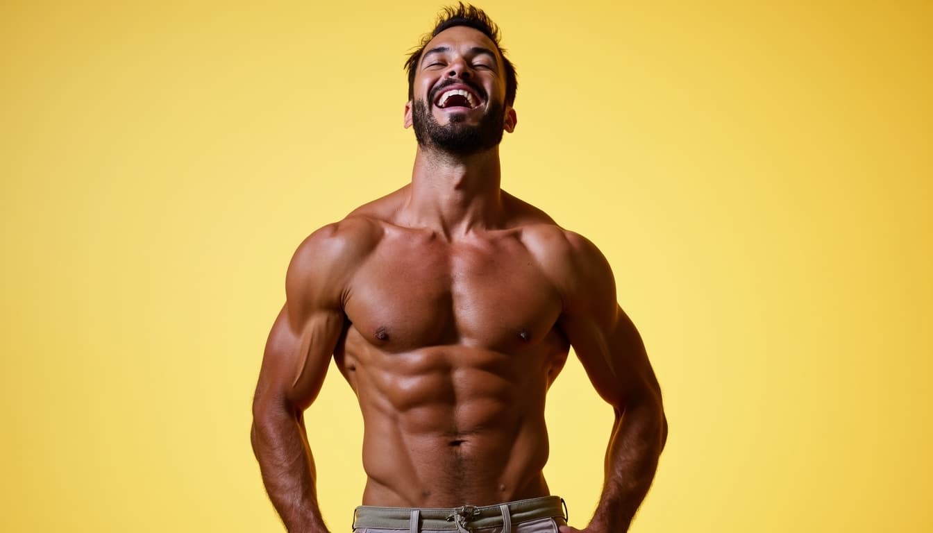 A man expressing liberated joy and authentic self-possession.
