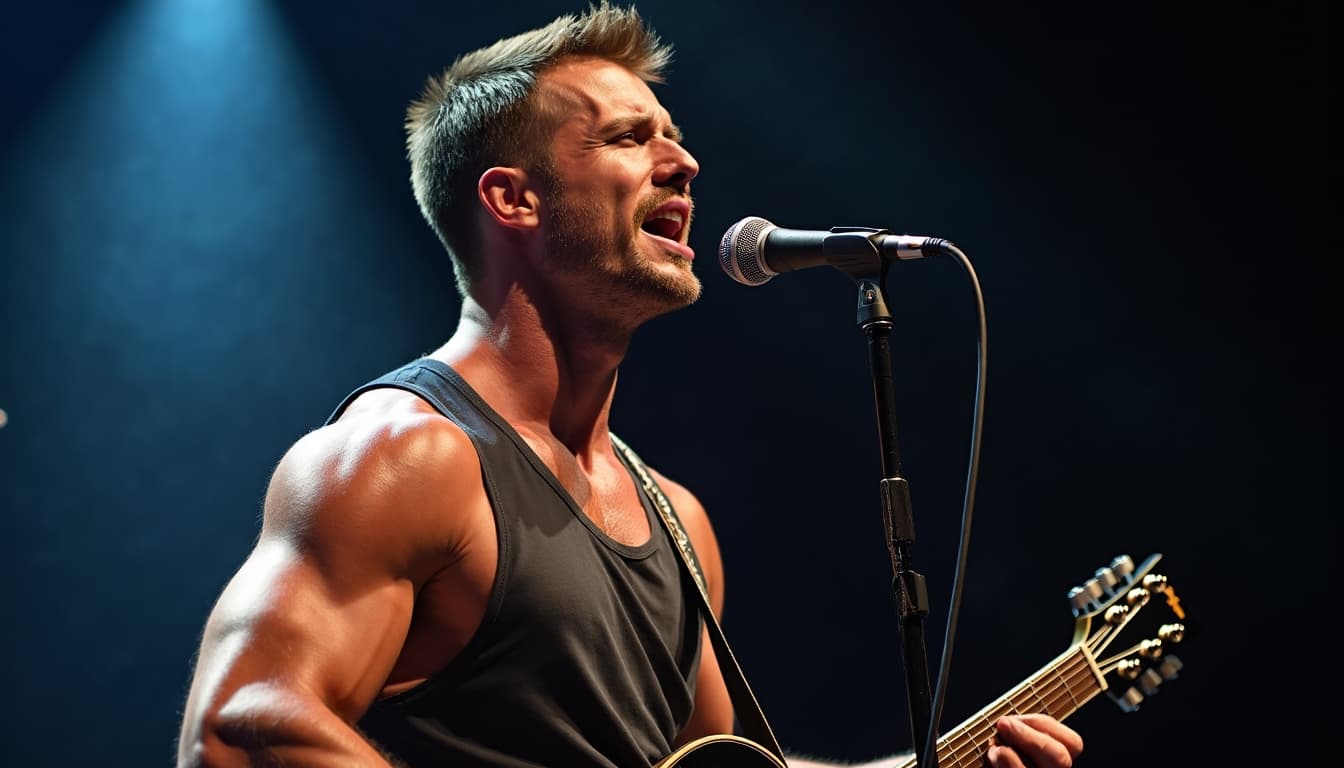 Homem musculoso cantando apaixonadamente em um microfone