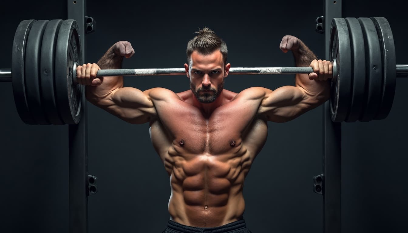 A muscular man, looking determined while doing some form of weight training.  Shot with an 85mm f/1.4 lens in a studio setting. ISO 200, 1/250 sec, f/1.8