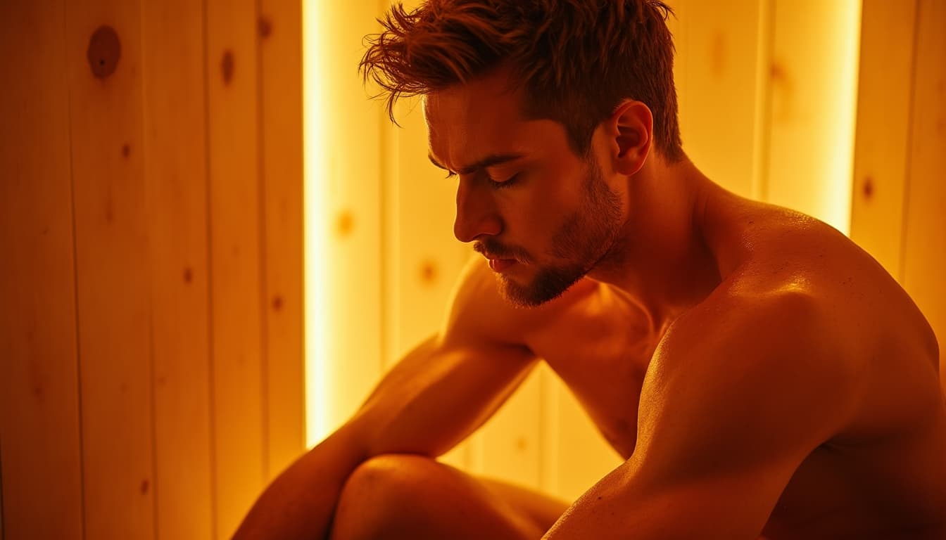 Muscular man in steam room recovering