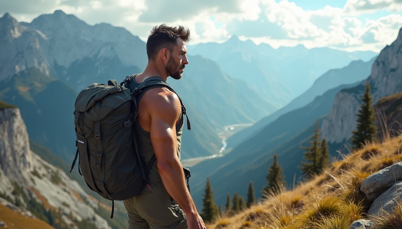 Athletic man confidently hiking in a majestic mountain landscape