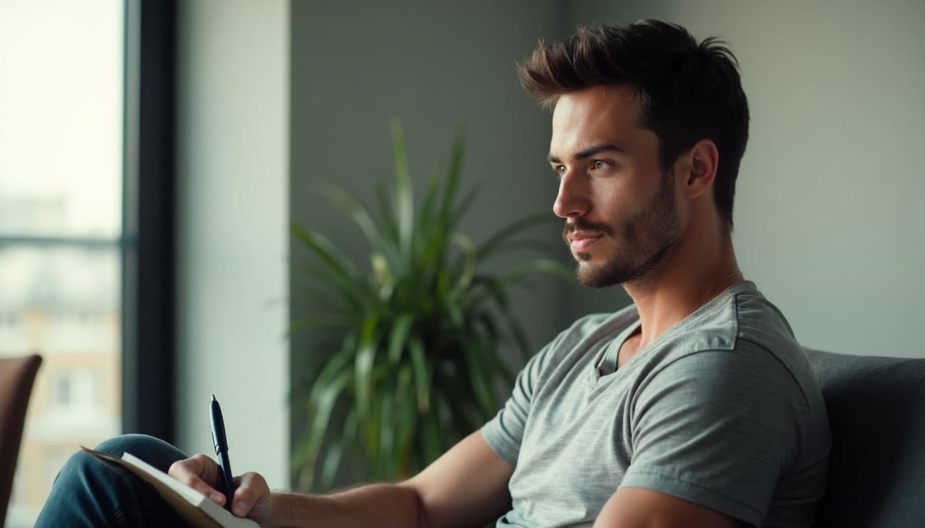 Man journaling with a thoughtful expression in a serene setting