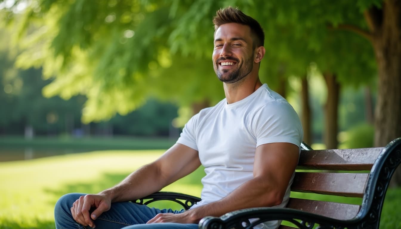 Man taking a break from technology, sitting on a park bench, looking peaceful.