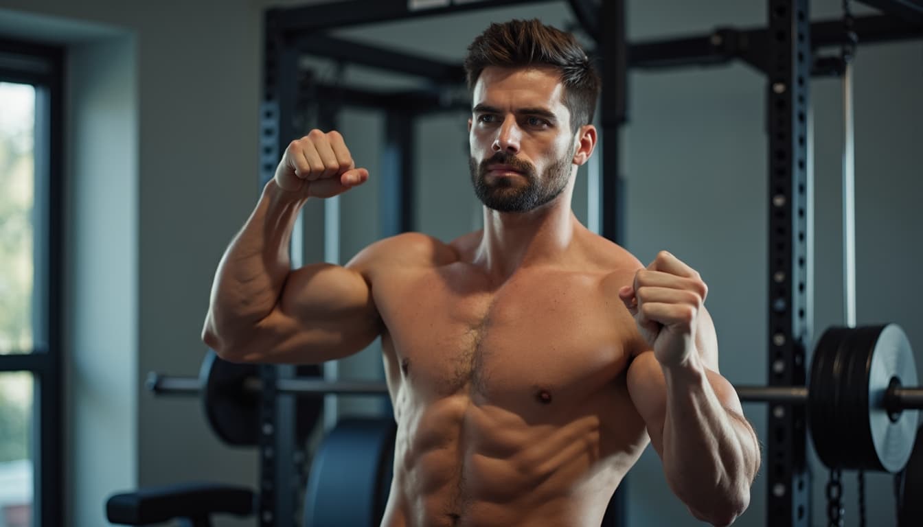 Man working out in a home gym, looking focused and determined.