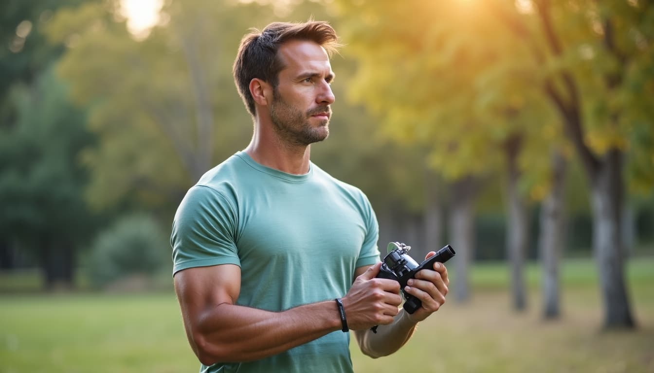 Man exercising outdoors with air purifier