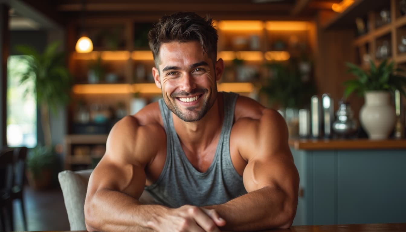Uomo coinvolgente con un sorriso caldo e presente