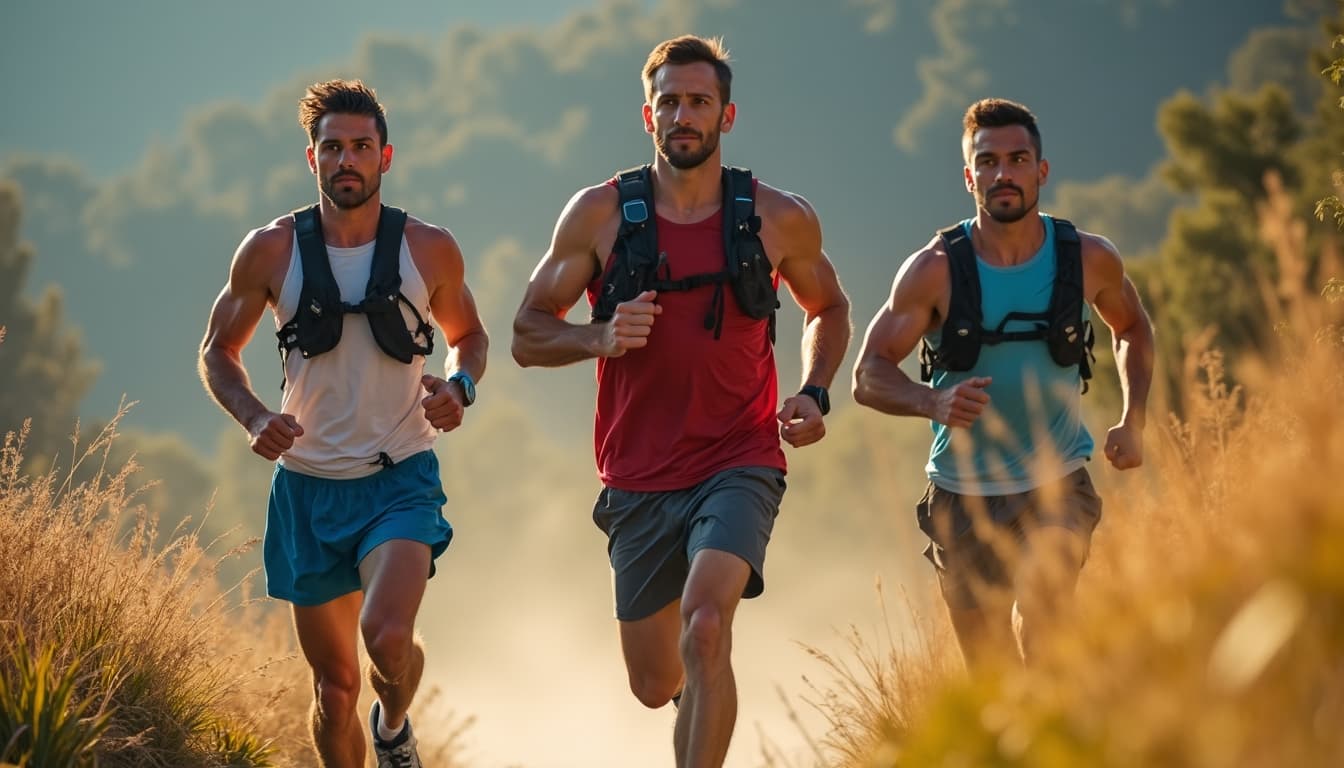 Group of men trail running