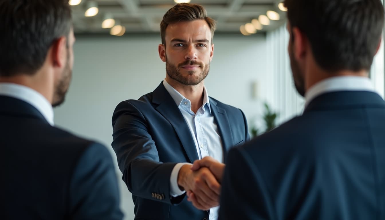 A man confidently shaking hands
