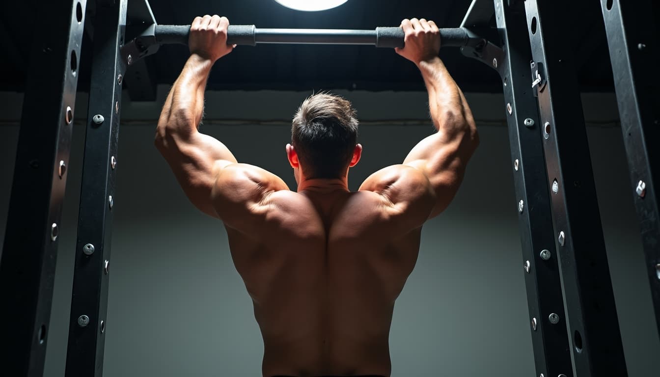 A man performs a pull-up, showcasing his strength and physique.  Studio lighting is used.