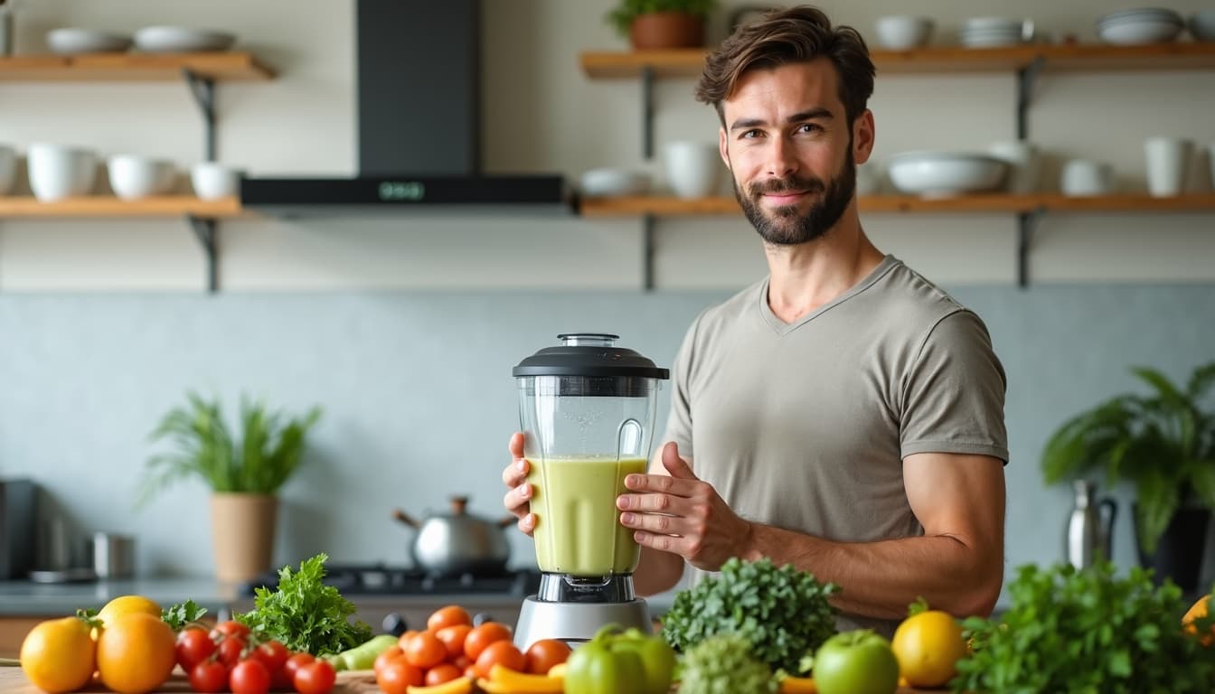 Confident man preparing a smoothie