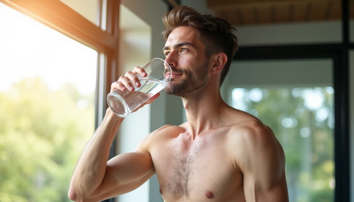 Fit man drinking water and smiling