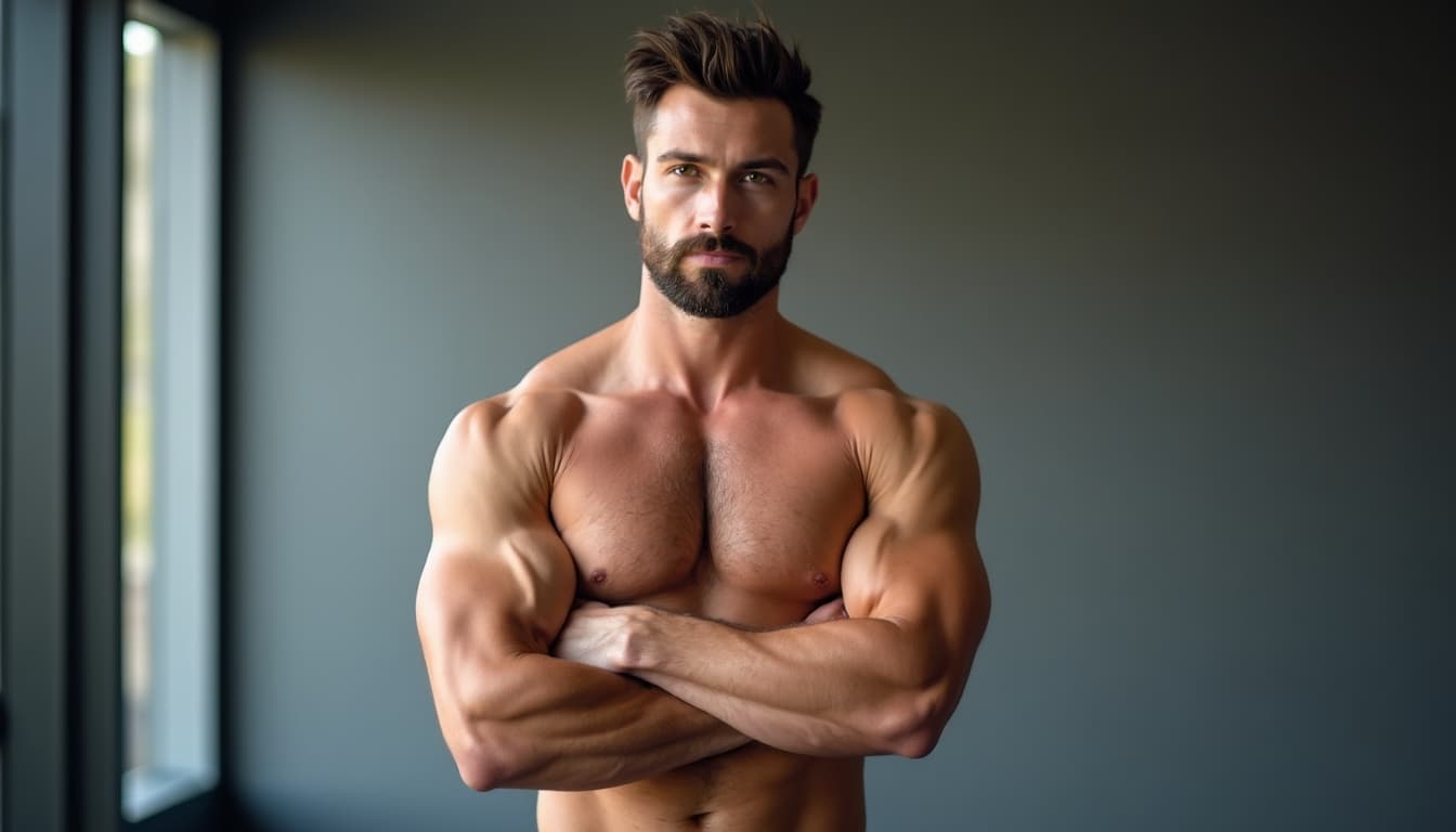 Muscular man contemplating gut health