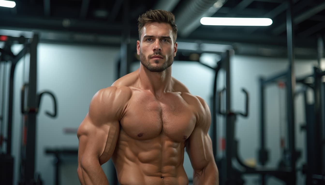Muskulöser Mann steht selbstbewusst in einem Fitnessstudio
