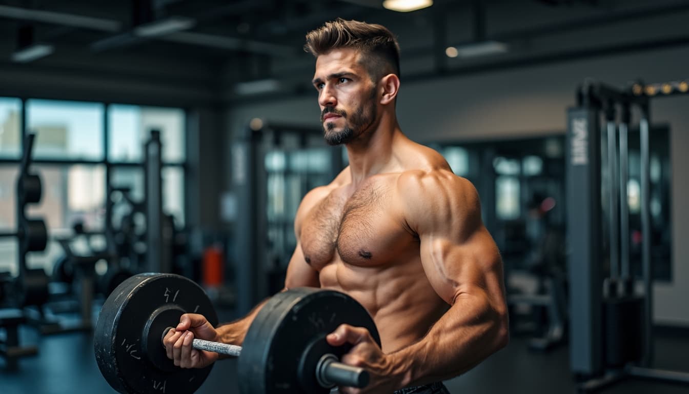 A muscular man working out at the gym, his focus is determined. The lighting and background are simple and clean.