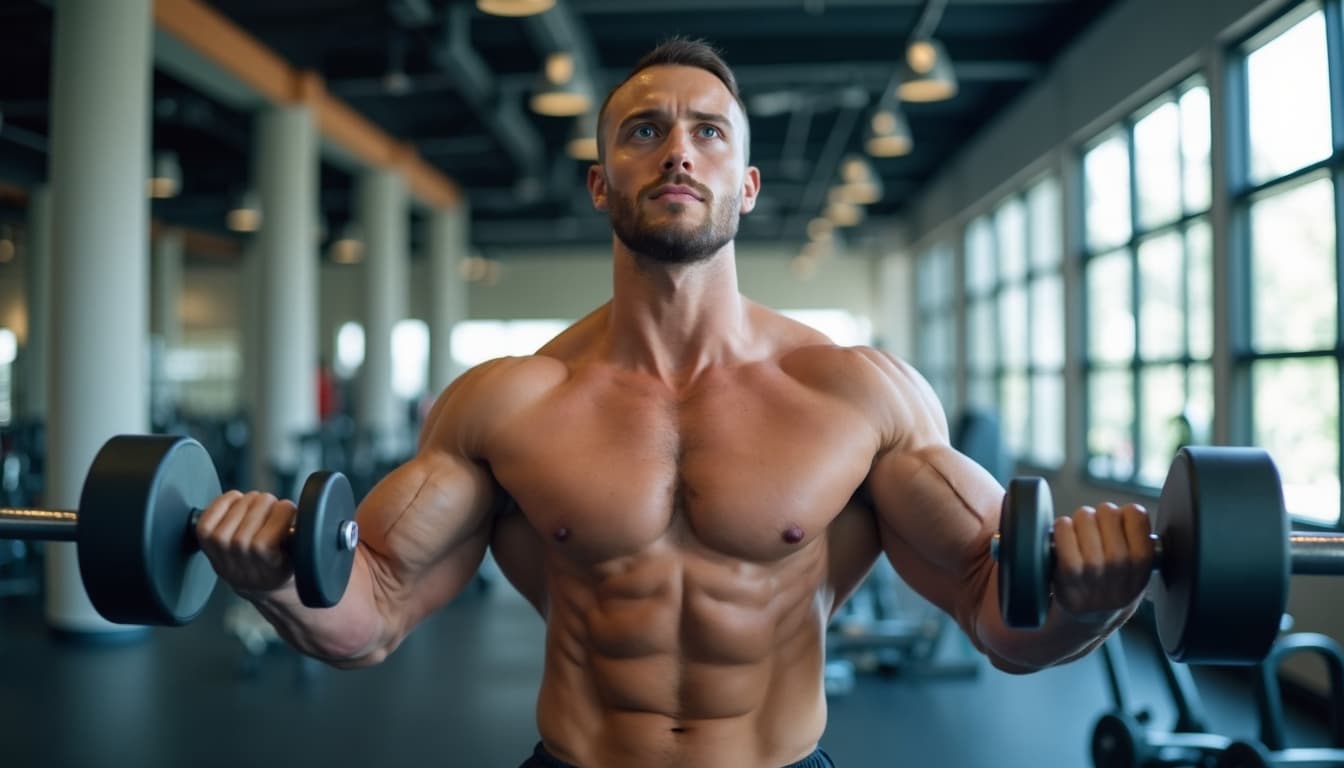 A muscular man doing a dumbbell press