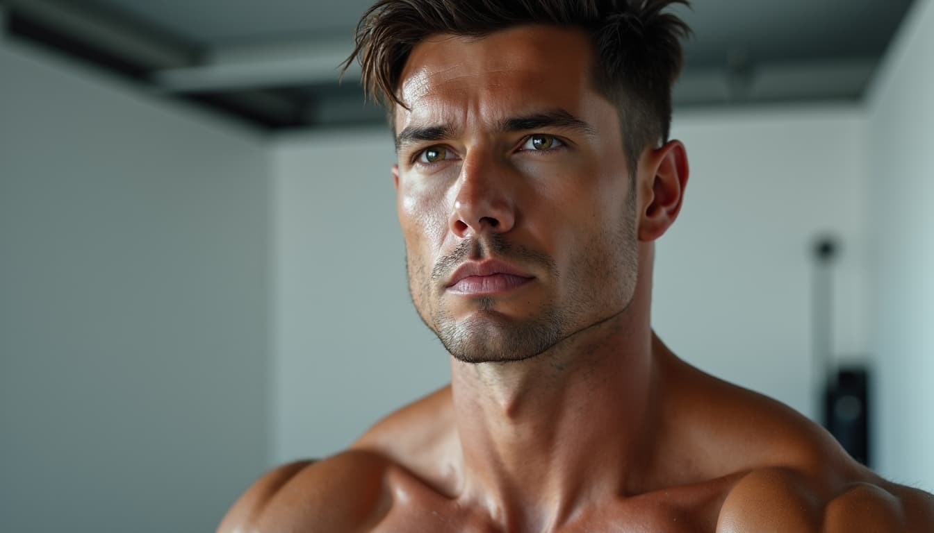 A muscular man looking determined during a workout