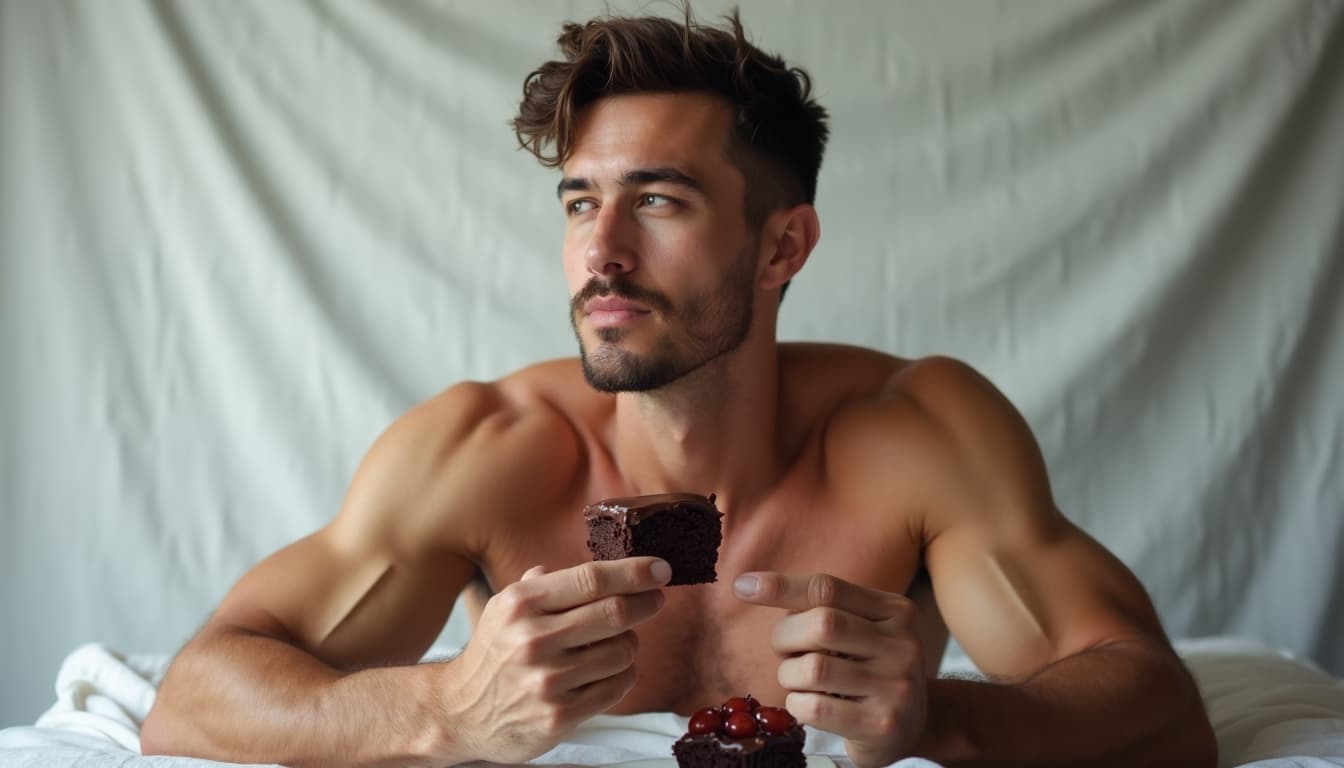 A muscular man enjoying a small piece of chocolate cake