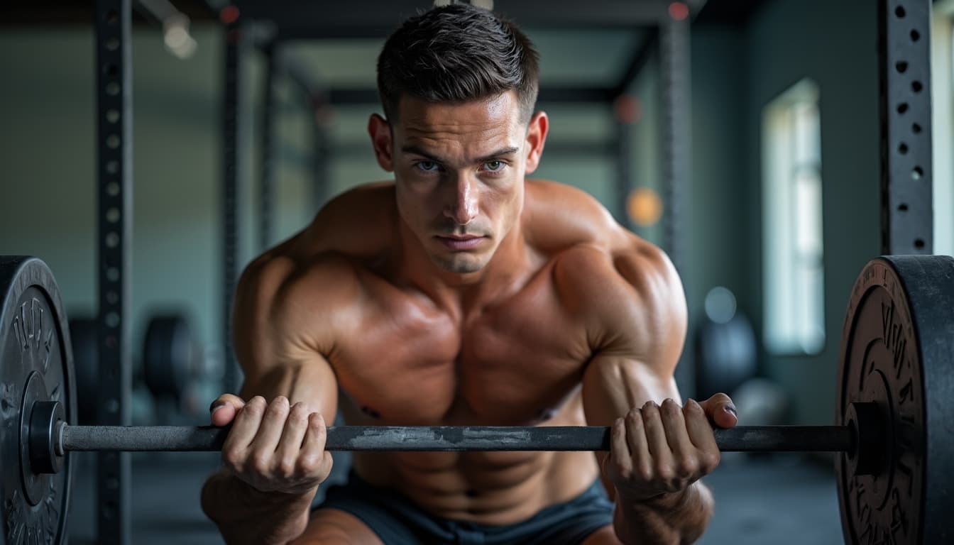 A muscular man is shown performing a clean and press exercise in a well-lit gym. His focused expression and defined physique are clearly visible.