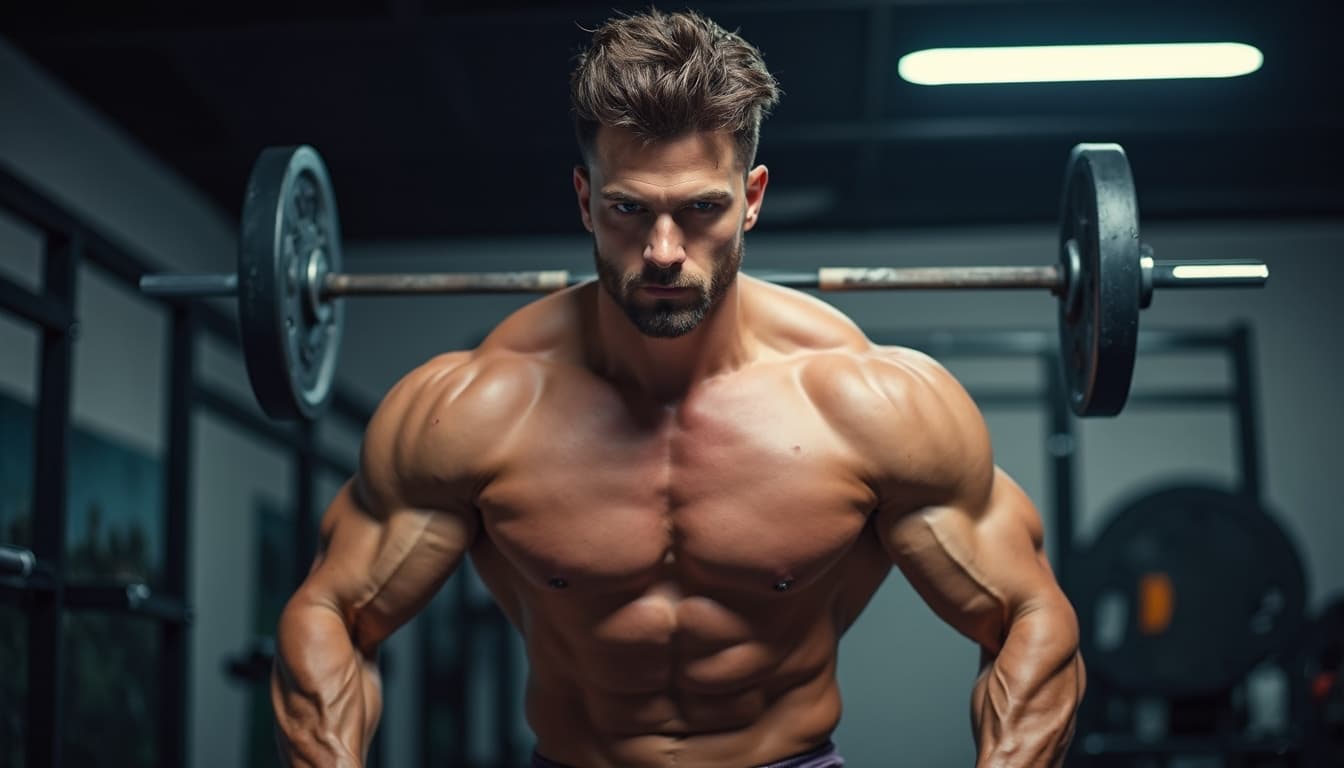 Muscular man demonstrating intense focus during training