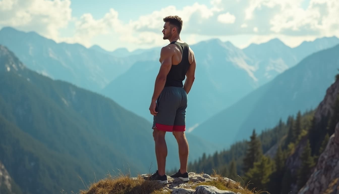 A muscular man with a determined expression stands on a mountain peak overlooking a vast landscape, symbolizing the broad horizons and challenges of an international career.