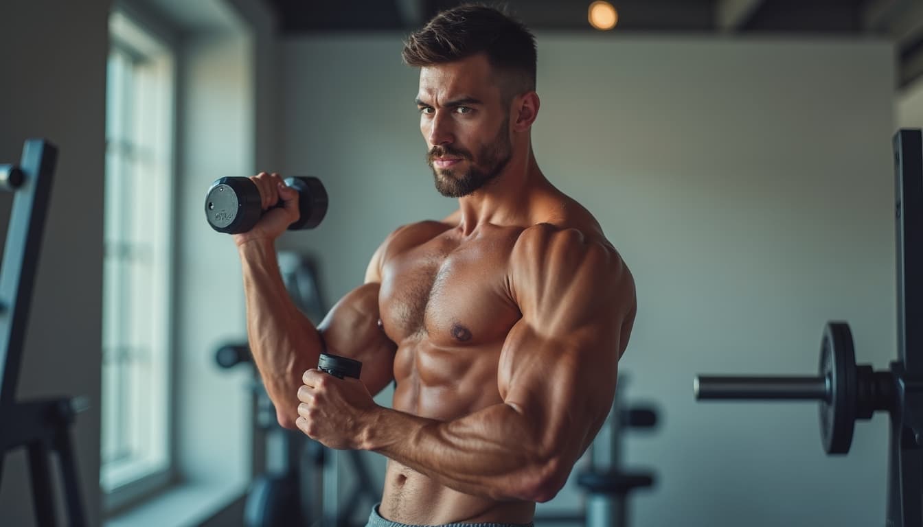 A man with a muscular physique performing a bicep curl