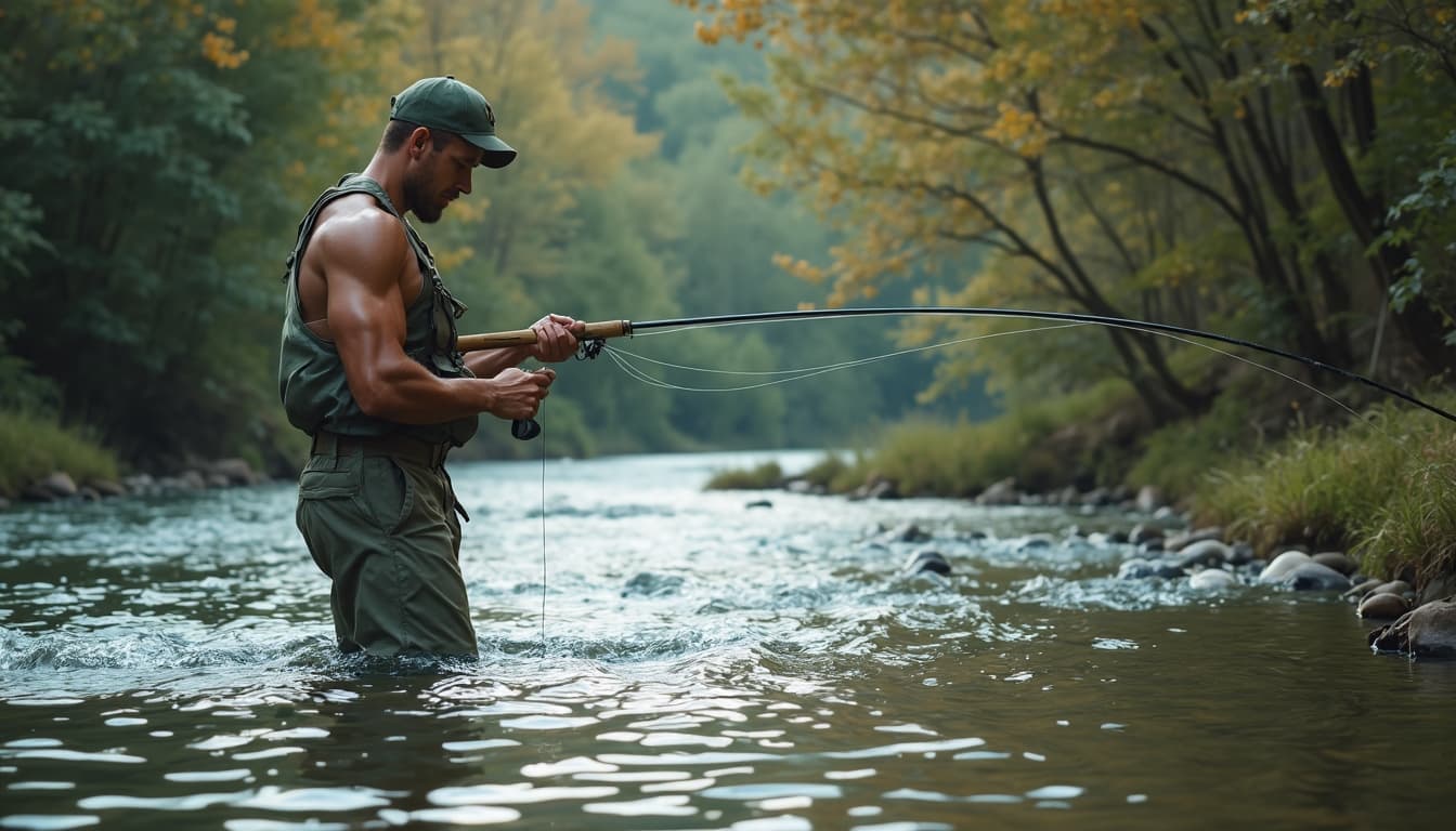 A muscular man fly fishing in a clear stream.