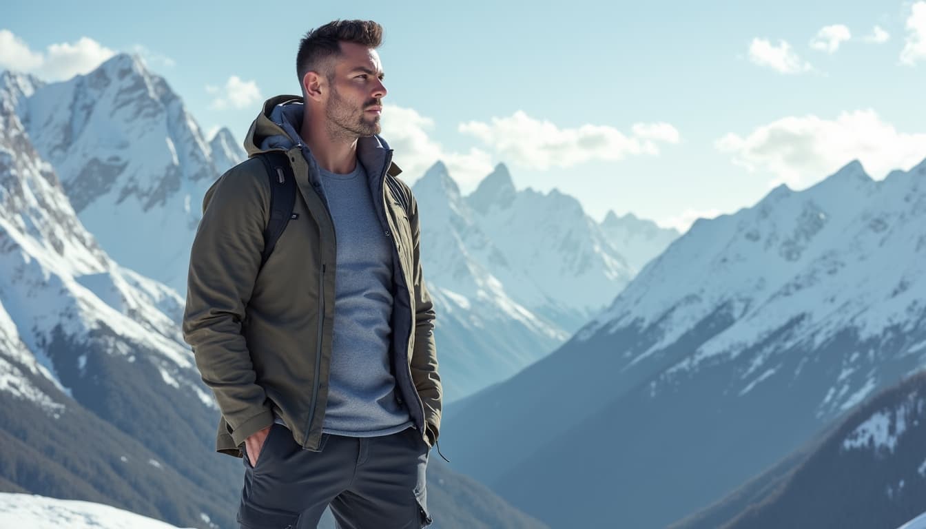 A muscular man standing on a mountain peak, looking out at a vast landscape.