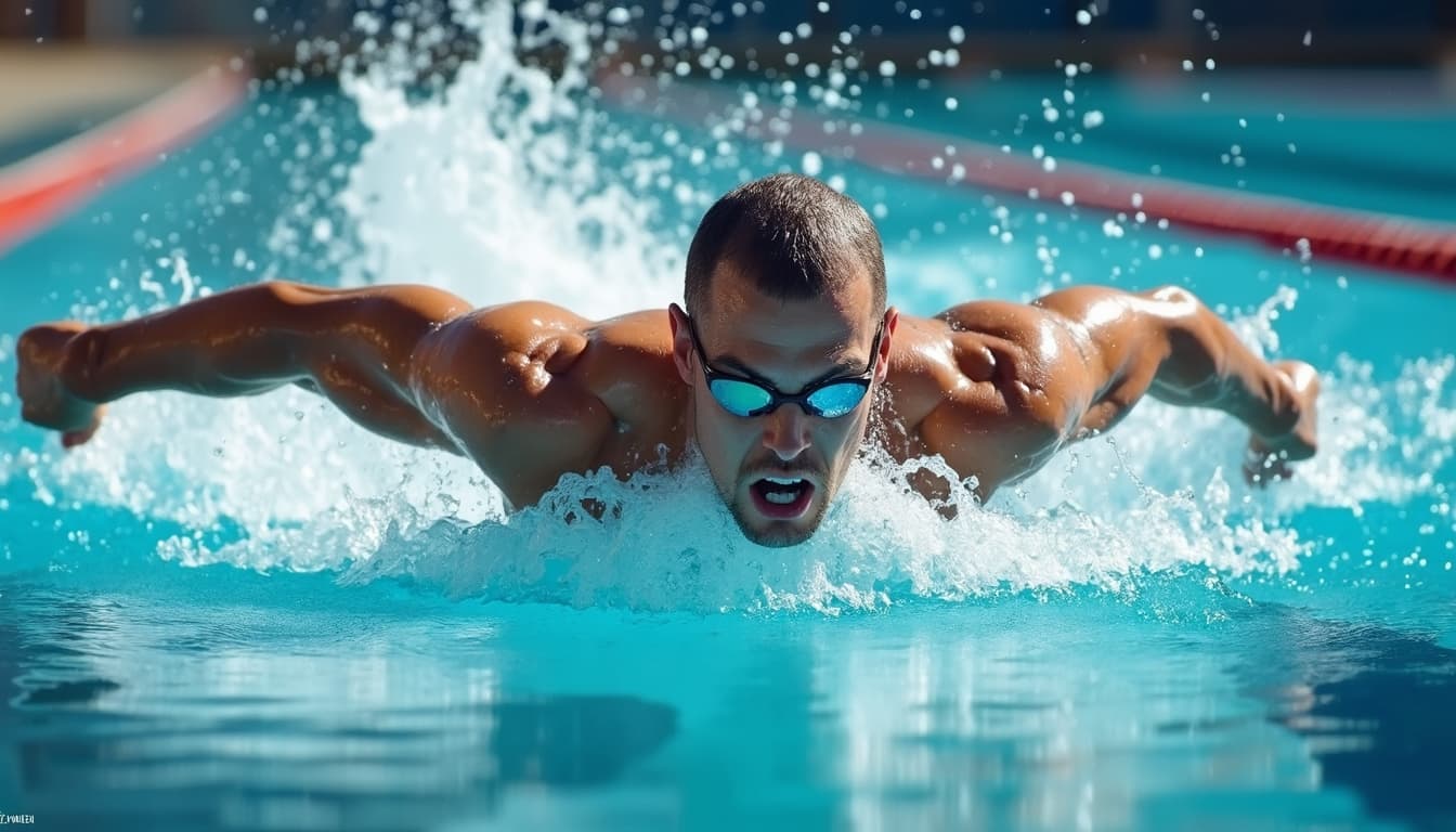A muscular man swimming freestyle in a pool, showcasing powerful strokes and defined muscles.