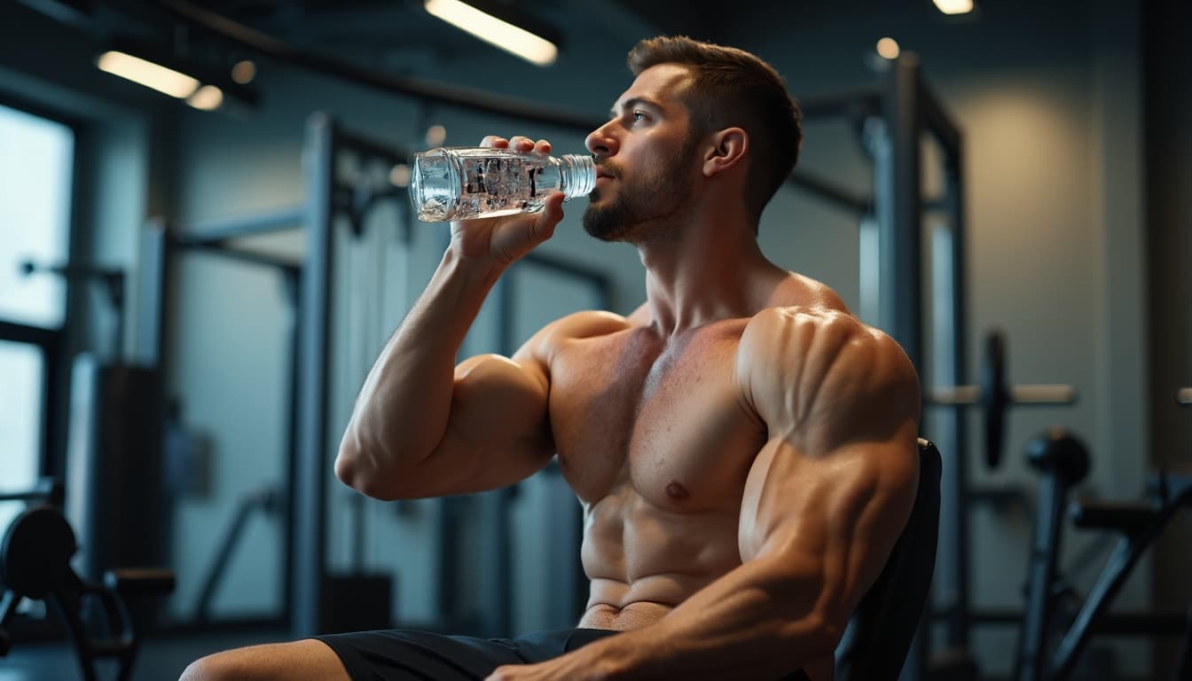 Muscular man drinking water