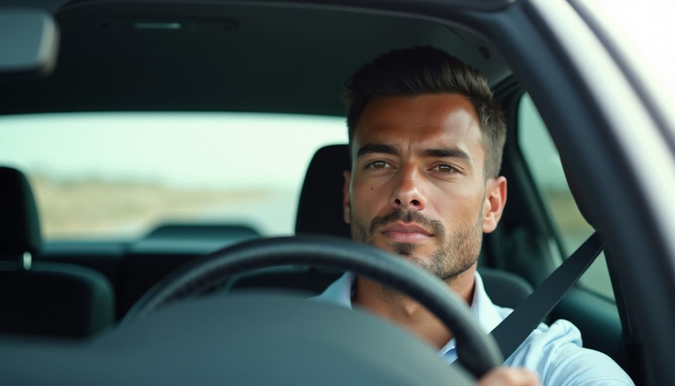 Hombre conduciendo, luciendo sereno