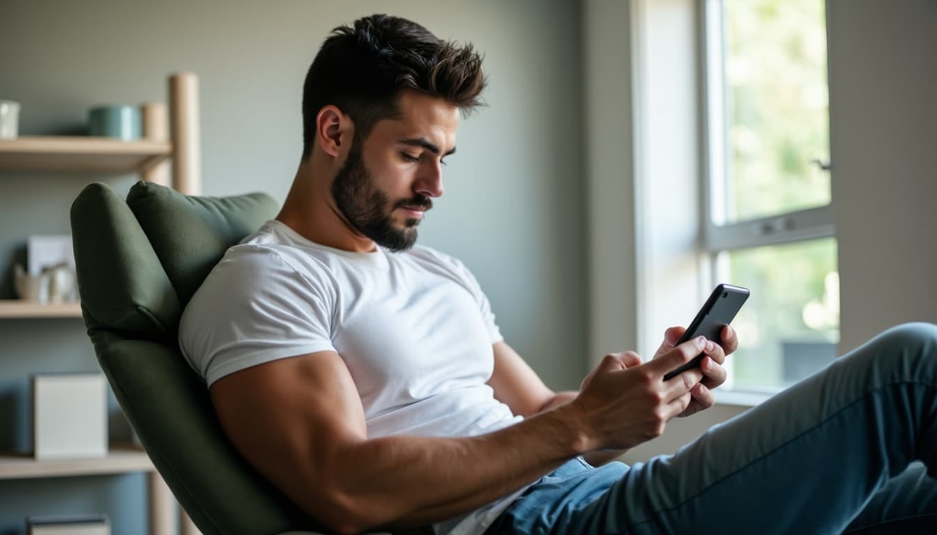 Man taking a break from his phone, looking peaceful and relaxed