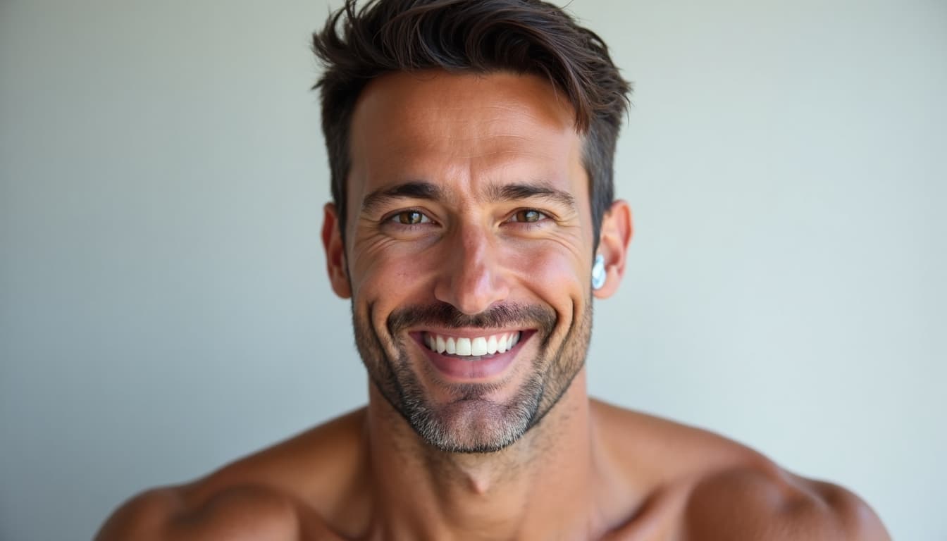 Man smiling confidently, wearing a modern hearing aid