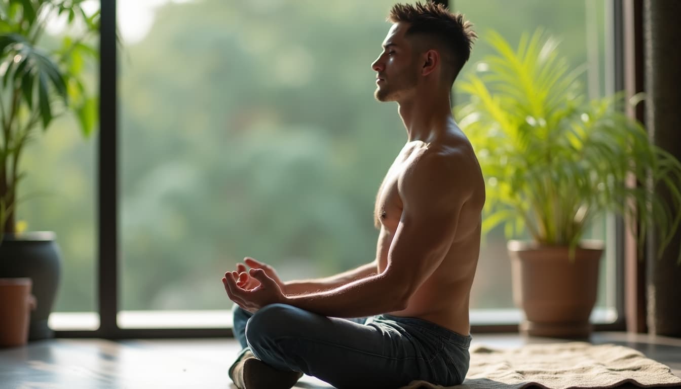 A man meditating peacefully, away from his phone