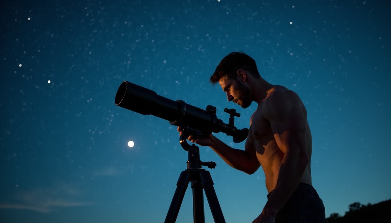 A muscular man looking through a telescope