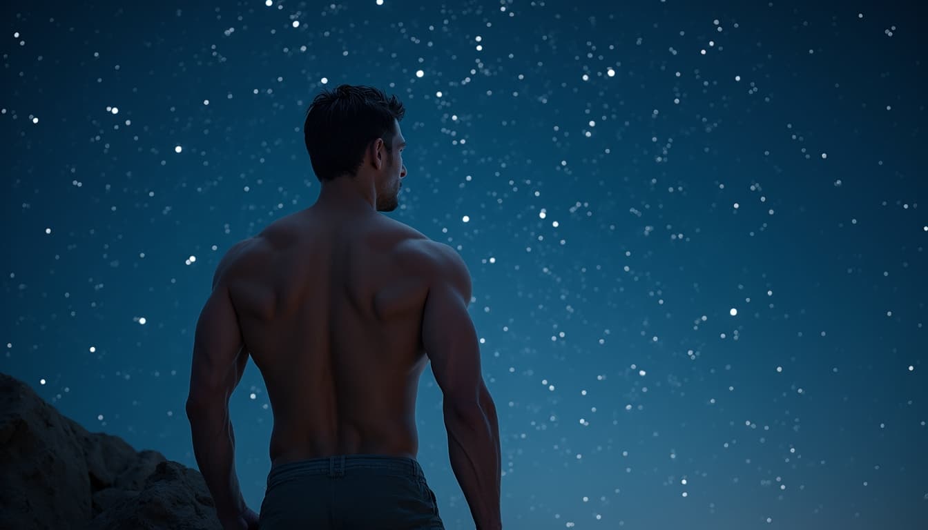 A muscular man looking up at the night sky