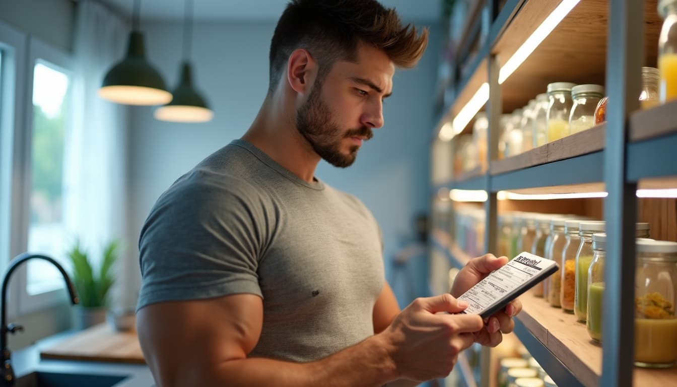 Homem analisando com confiança um rótulo nutricional