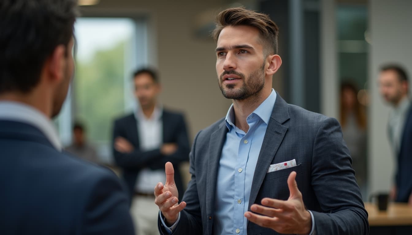Confident man speaking with authority in a professional setting