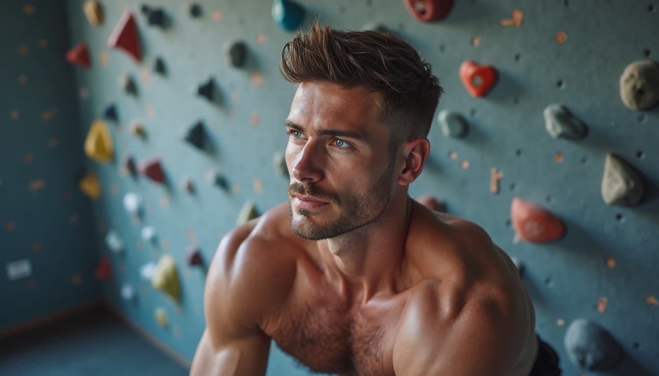 Intense focus on an indoor climbing route