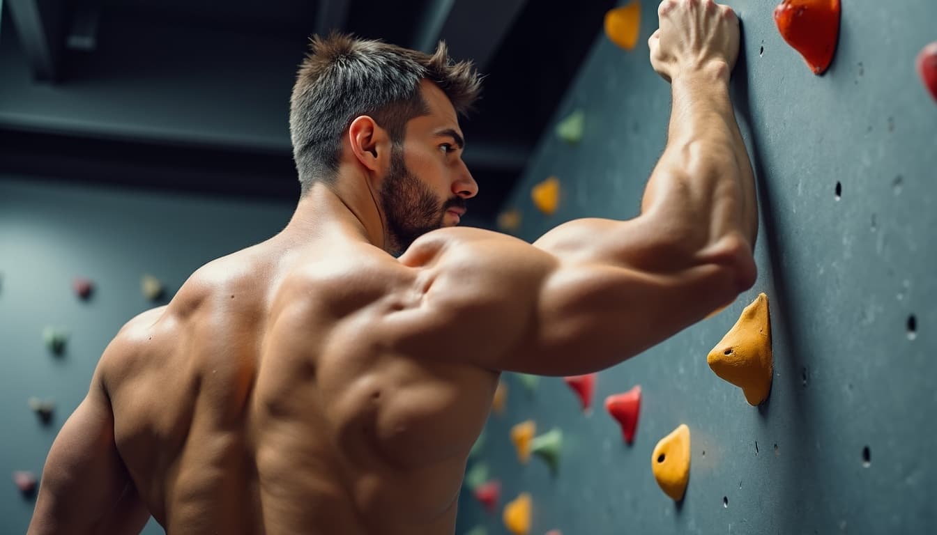 Demonstrating powerful climbing grip and physique