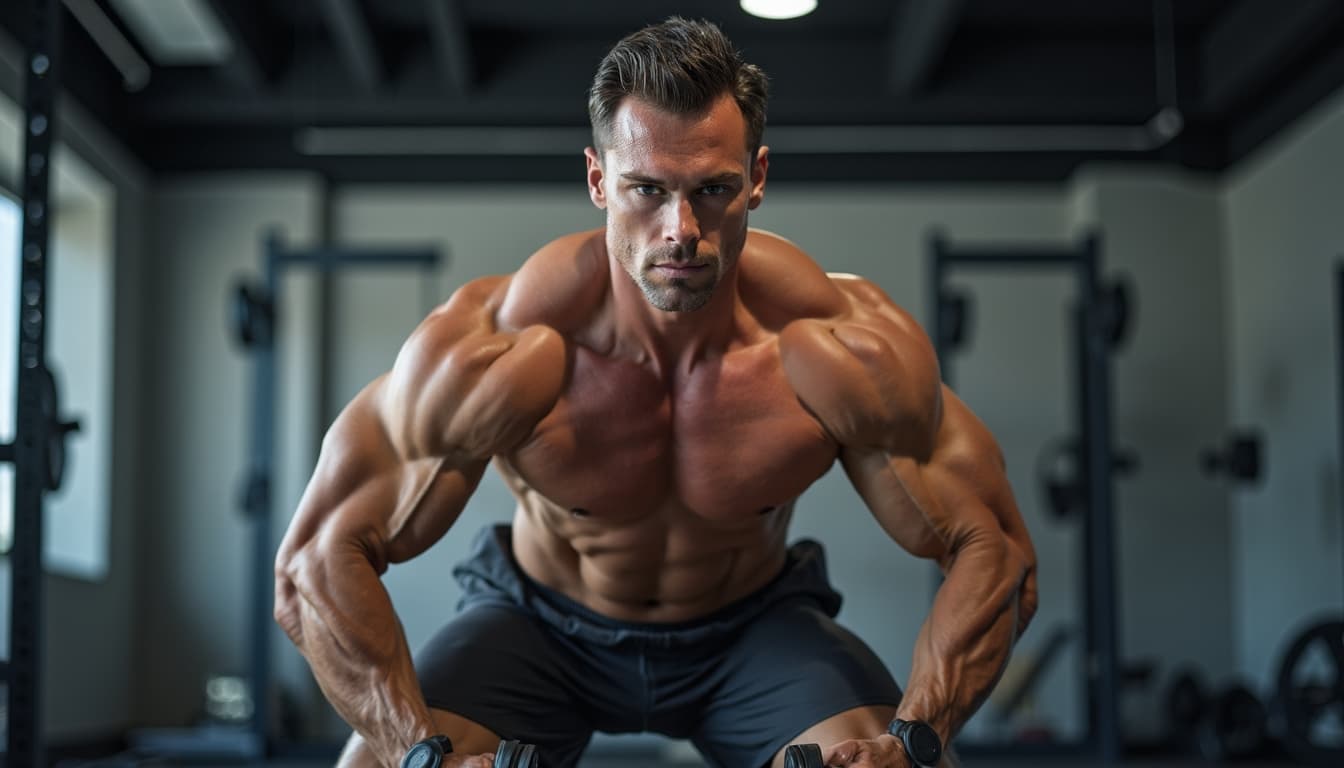 Muscular man performs a dynamic workout