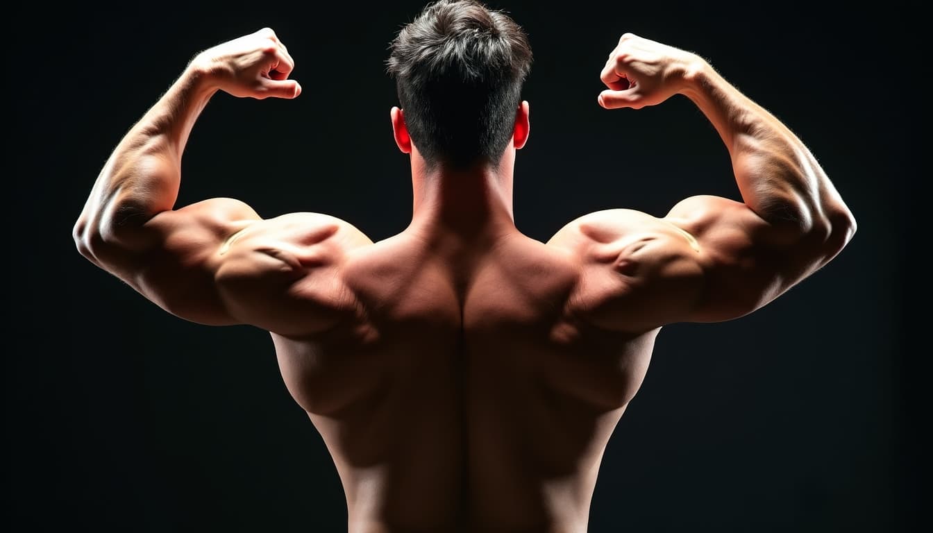 A muscular man is shown from the waist up, powerfully flexing his biceps. Studio lighting illuminates his physique.