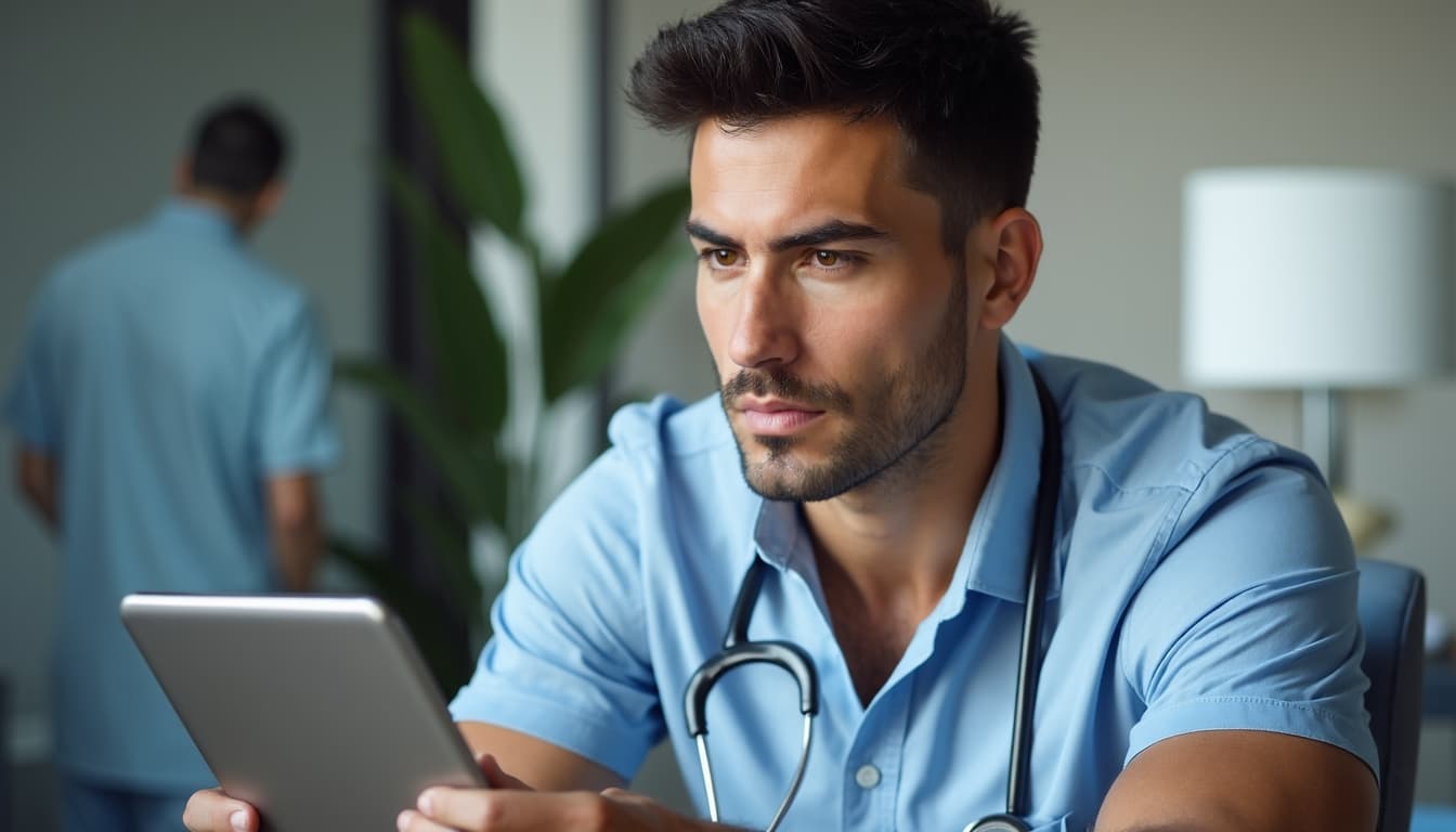 Man reviewing personal health data with focused attention