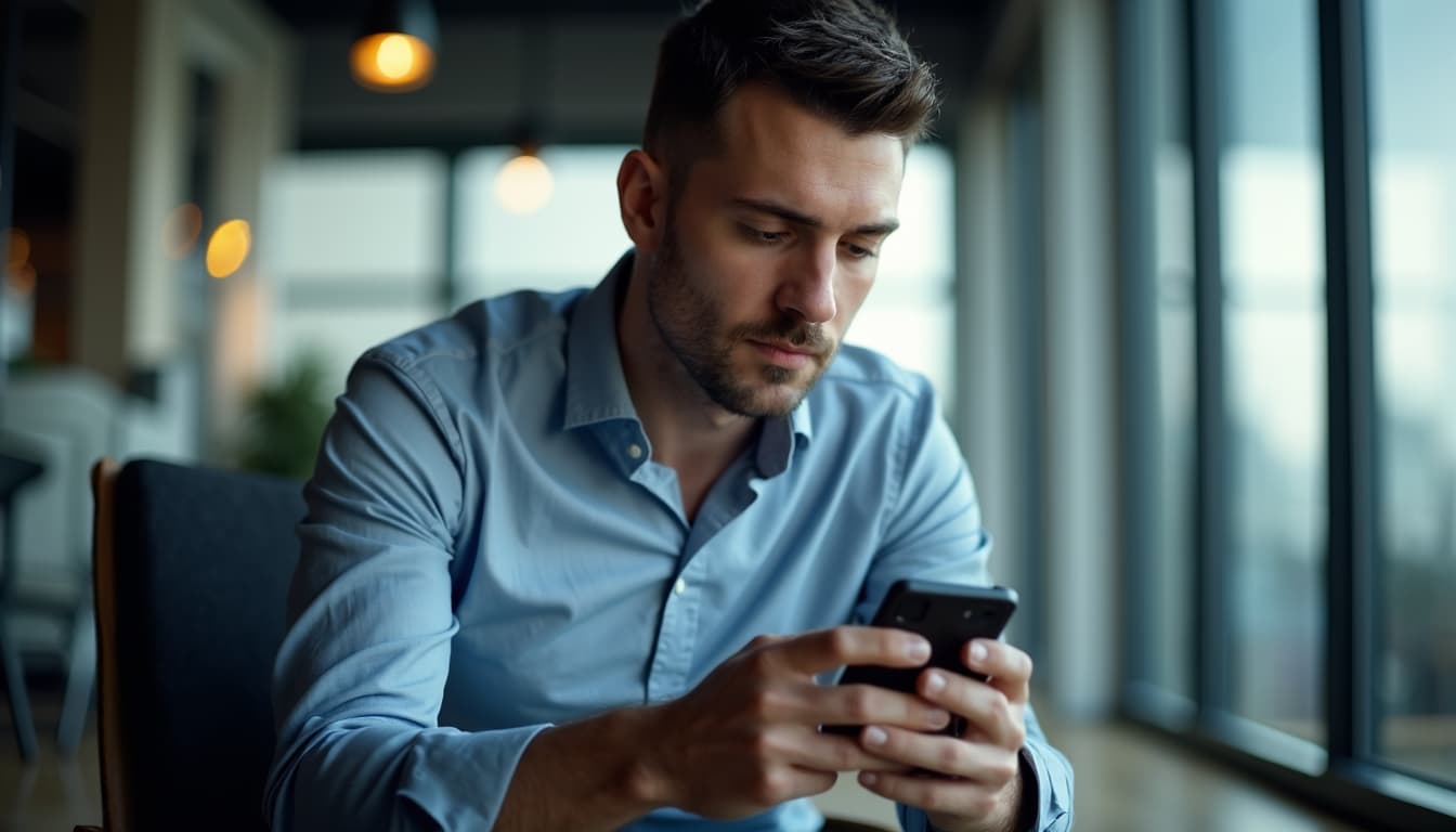 Focused man reading messages