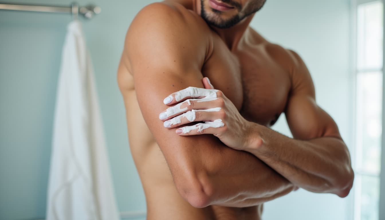 A man applying lotion, showing his strong arms and healthy skin