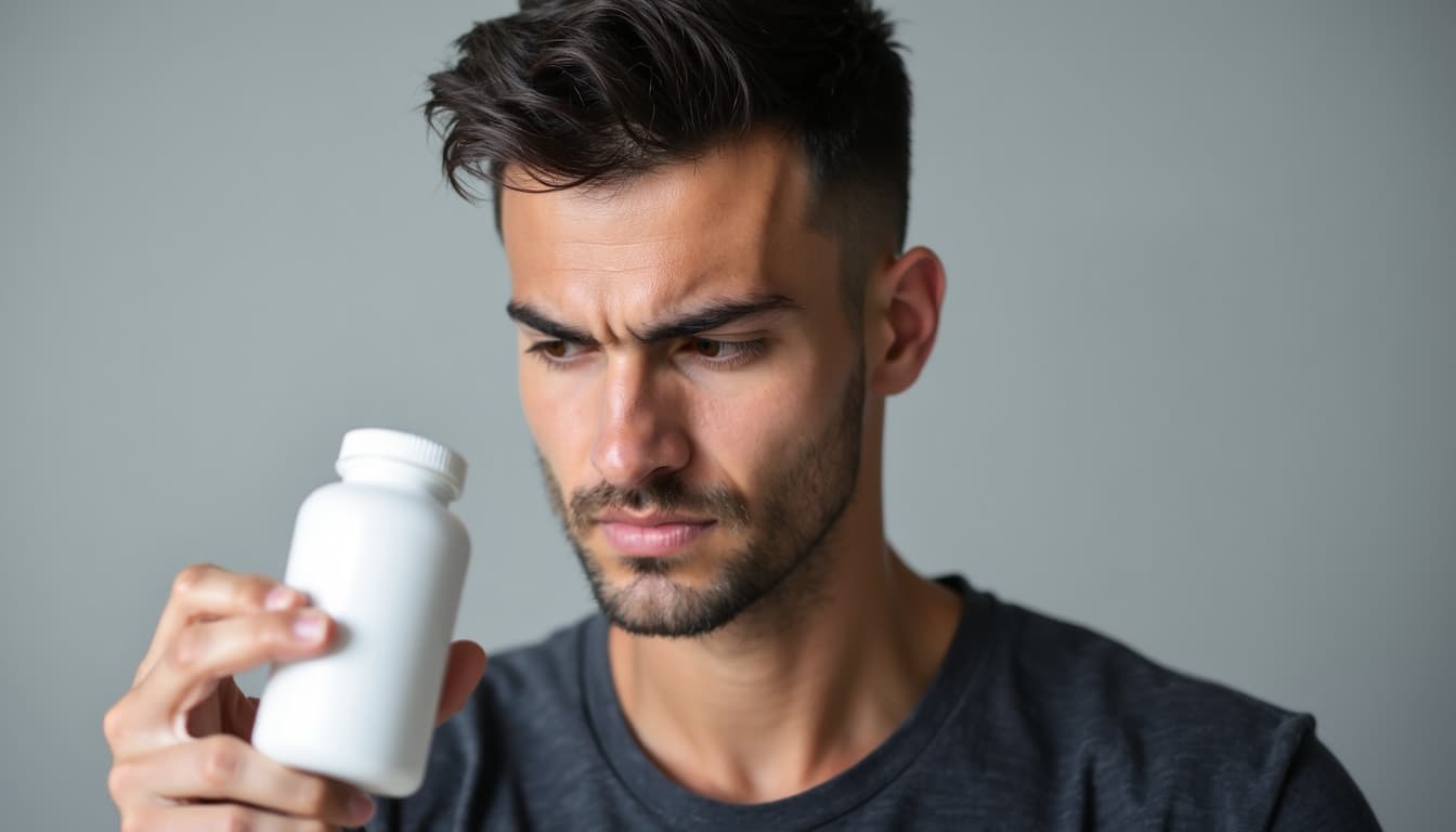 A man carefully reading a product label, showcasing his determined expression